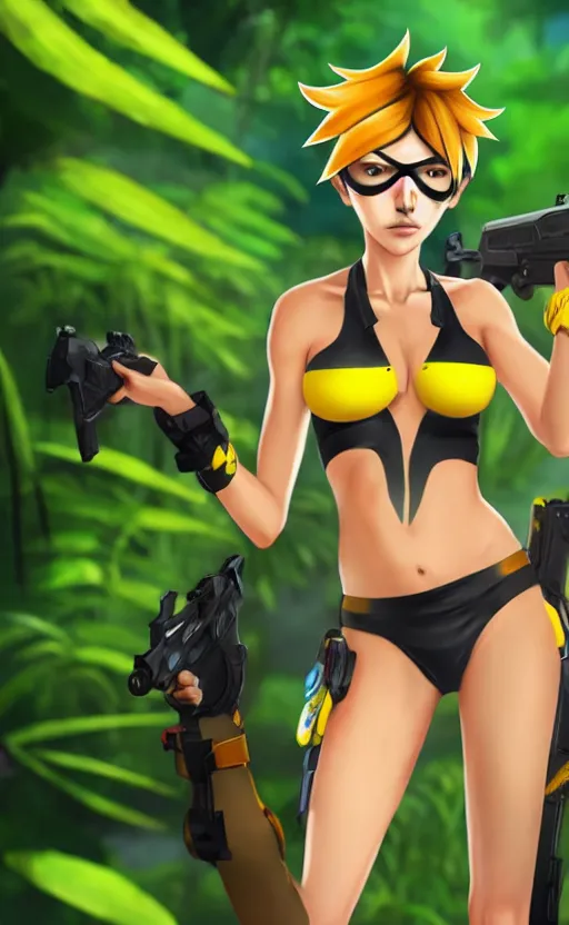 tracer game character, in black bikini, blonde hair