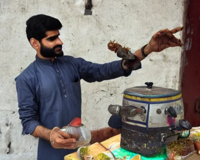 Prompt: chaiwala with a cybernetic hand