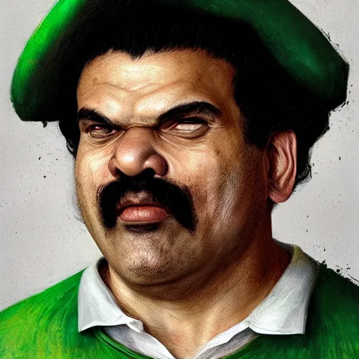 Prompt: hyper realistic, realistic - anime, portrait, beautifully rendered, luis guzman as luigi wearing green, smirking deviously, luigi, luigi's nose, painted by jan van eyck, albrecht durer, gustave courbet, greg rutkowski, wlop, artgerm, dishonored 2,