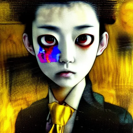 Image similar to yoshitaka amano blurred and dreamy realistic three quarter angle horror portrait of a sinister young woman with short hair and yellow eyes wearing office suit with tie, junji ito abstract patterns in the background, satoshi kon anime, noisy film grain effect, highly detailed, renaissance oil painting, weird portrait angle, blurred lost edges