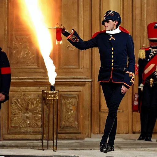 Image similar to emmanuel macron dressed as napoleon, firing a cannon, aiming at england