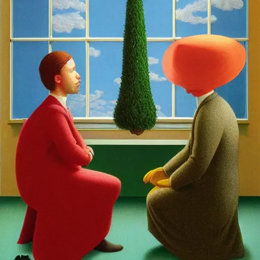 Image similar to a talking tree invites you over for lunch by Raphael, Hopper, and Rene Magritte. detailed, romantic, enchanting, trending on artstation.