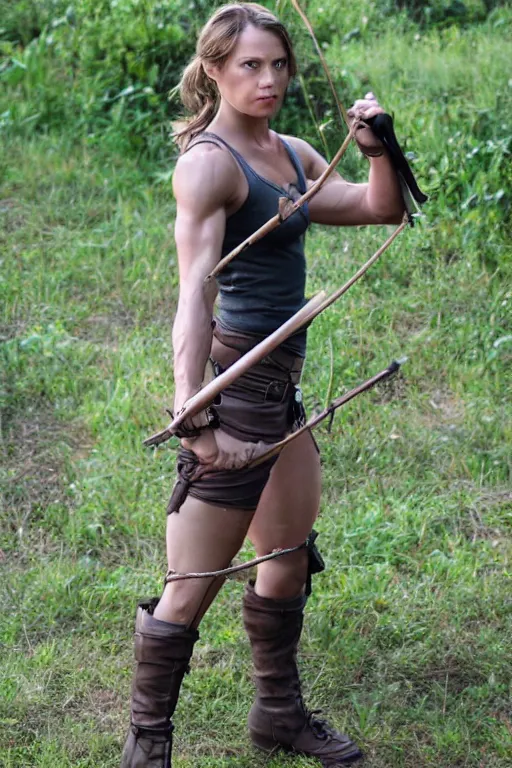 Image similar to muscular laura croft hold bow and arrow