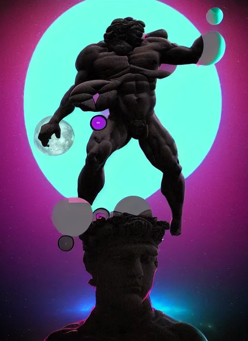 Image similar to statue of atlas, moon in the background, beeple, vaporwave, retrowave, black background, neon wiring, black, glitch, strong contrast, cuts, pinterest, trending on artstation