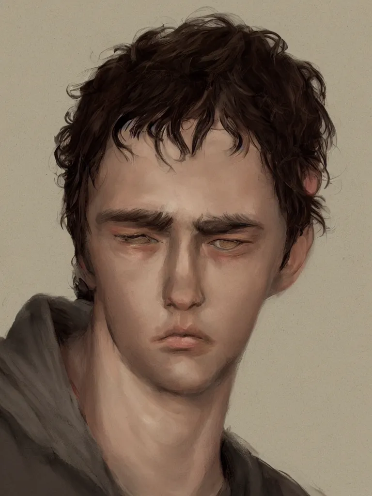 Image similar to beautiful sad boy portrait by Disney Concept Artists, blunt borders, rule of thirds