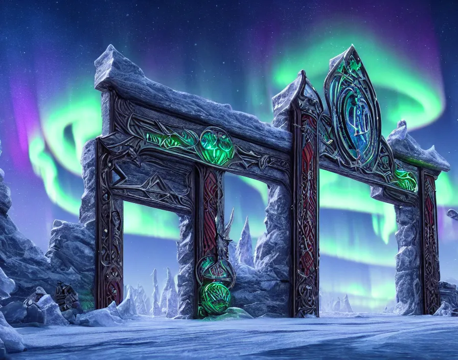 Image similar to a very detailed concept art of intricate and well designed asgard gates to north pole, infused with aurora borealis, dynamic lighting, trending on artstation, path traced, highly detailed, high quality, digital art, 4 k, hyper realistic, octane render, sharp focus