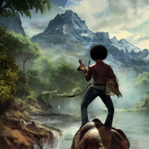 Image similar to bob ross!!! riding!!! a dinosaur!!, giant afro!, model pose, ultra realistic, concept art, intricate details, highly detailed, photorealistic, octane render, 8 k, unreal engine. art by artgerm and greg rutkowski and alphonse mucha