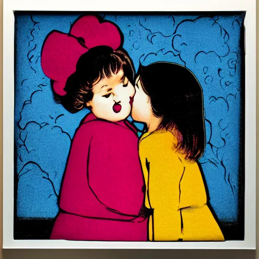 Image similar to the same style. the most beautiful little fat sweet girl is kissing a huge colorful cute fish. modern etching. colored print. hype realistic scene. old photography style. studio lighting. window