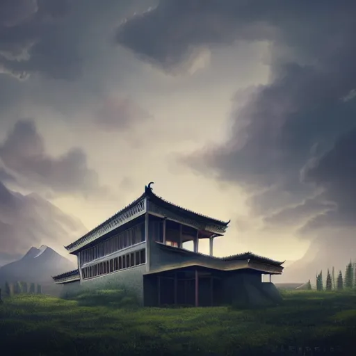 Image similar to rectangular house inspired by a tibetan palace between big trees, yellow clouds, dramatic lighting, artstation, matte painting, raphael lacoste, simon stalenhag, frank lloyd wright, zaha hadid