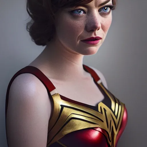 Image similar to cinematic upper third of emma stone as wonder woman, full costume, intricate, elegant, by alyssa monks, highly detailed, symmetrical face, fine details, masterpiece, trending on artstation