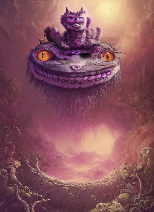 Image similar to cheshire cat, highly detailed, cinematic, 8 k, by megan duncanson, benjamin lacombe, stanley artgermm, tom bagshaw, craig mullins, carne griffiths, ayami kojima, beksinski, giger, trending on deviantart, hyper detailed, horror, full of colour