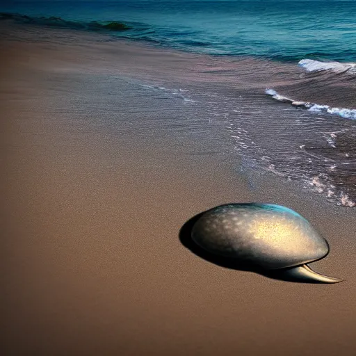 Prompt: an alien sea creature on the beach, photo realistic, 4k