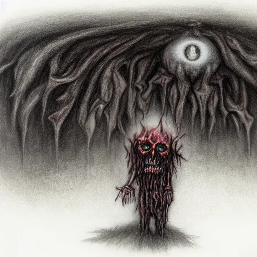 Prompt: a monster lurks in the shadows, tyler childers!!!!, colored pencil drawing, surreal, macabre, grotesque, creepypasta, horror, terror, gothic, digital art trending on artstation