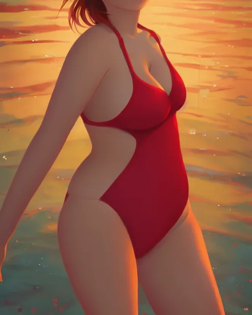 Image similar to portrait of cute chubby barbara palvin in red swimsuit running on the beach, ambient lighting, 4 k, lois van baarle, ilya kuvshinov, rossdraws, alphonse mucha, jung gi kim, artstation