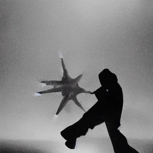 Image similar to a man in the fog and a giant starfish monster emerging above, 1950s Korean film noir in the style of Orson Welles and Ishirō Honda, ambient