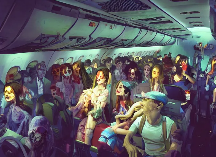 Prompt: boeing 737 cabin, a lot of zombies, birthday party, realistic, wide angle, Unreal 5 engine, trending on artstation, by Huang Guangjian and Gil Elvgren and Sachin Teng