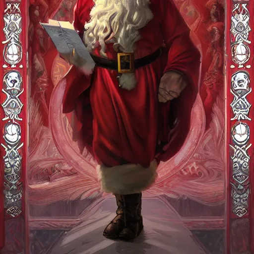 Prompt: an epic fantasy comic book style full body portrait painting of santa claus. d & d. fantasy. intricate. elegant. highly detailed. digital painting. artstation. concept art. matte. sharp focus. illustration. art by artgerm and greg rutkowski and alphonse mucha