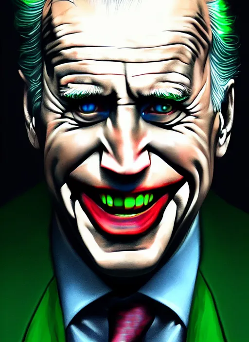 Image similar to portrait of joe biden as the joker, green hair, intricate, elegant, glowing lights, highly detailed, digital painting, artstation, concept art, sharp focus, illustration, art by wlop, mars ravelo and greg rutkowski