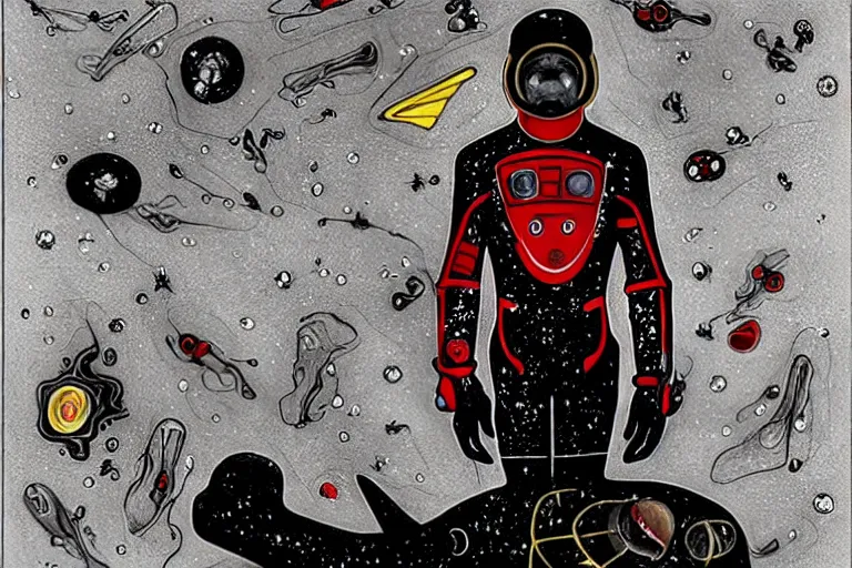 Prompt: the last astronaut red and black suit, holding a small alien corpse with only one hand, walking in post-apocalyptic Neptune Hills, style hybrid mix of Jirí Petr+Romi Lerda+ Sandra Pelser,Yves Tanguy+ Alphonse Mucha+ Ernst Haeckel+ Edward Robert Hughes+Stanisław Szukalski , moody colors,diamond dust glitter and sparkles, holographic krypton ion,red eyes,octane render,4k, ighly detailed, hyperrealism, excellent composition, cinematic concept art, dramatic lighting, trending on ArtStation