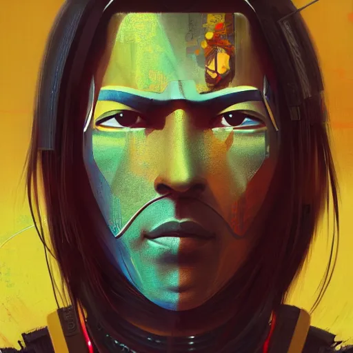 Image similar to cyberpunk samurai portrait painting, medium shot, asymmetrical, profile picture, organic painting, sunny day, matte painting, bold shapes, hard edges, street art, trending on artstation, by huang guangjian and gil elvgren and sachin teng