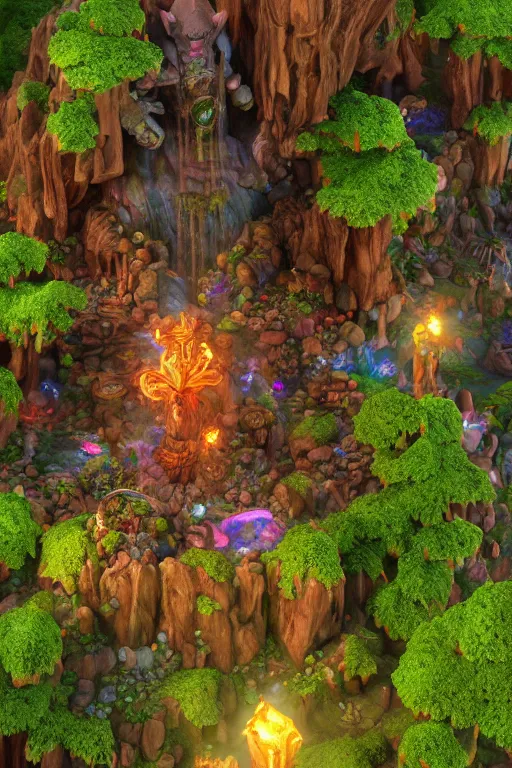 Image similar to zelda fantasy art giant golem troll wood rock greeble gemstone enchanted forest, global illumination ray tracing hdr fanart arstation by sung choi and eric pfeiffer and gabriel garza and casper konefal bastion forged hardmesh lisa frank zbrush central radiating a glowing aura global illumination ray tracing hdr