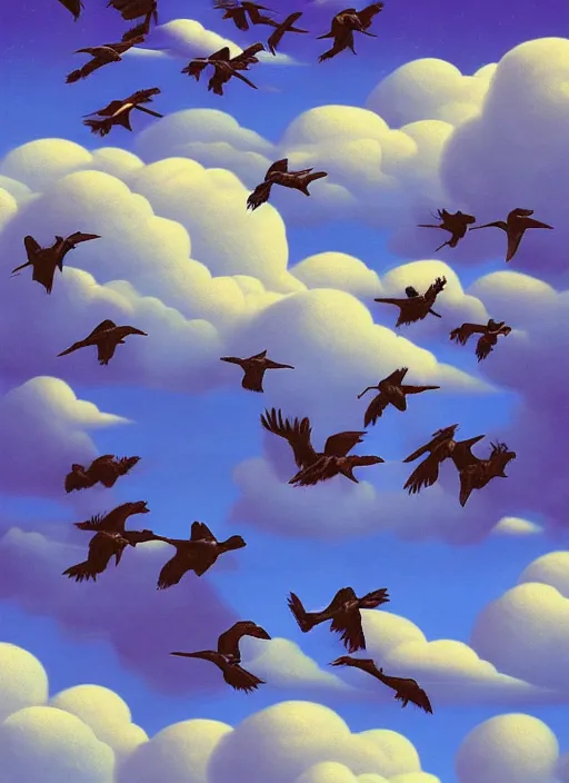 Image similar to a flock of ravens forming a cloud, vintage shapes, retro technology, happy colors. rob gonsalves, oil on canvas, deep depth field, masterpiece, cinematic composition, hyperdetailed