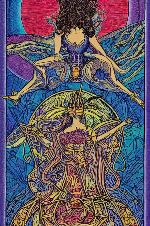 Prompt: marisa kirisame, intricate, amazing line work, colorful, tarot cards, the devil tarot card