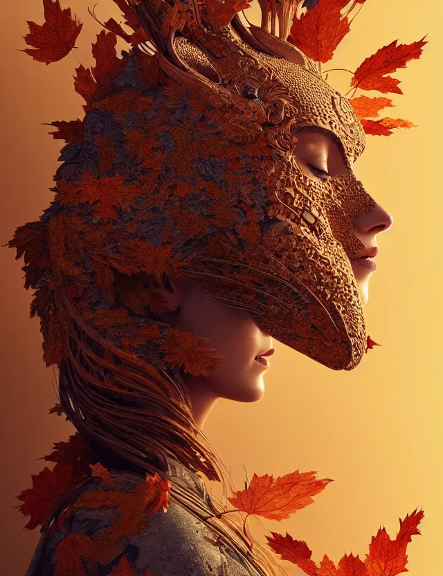 Image similar to 3 d goddess close - up profile portrait of alicia vikander wearing a beautiful intricately detailed japanese autumn fox mask, fall leaves, phoenix, dried plants, wind, creature, artwork by tooth wu and wlop and beeple and greg rutkowski