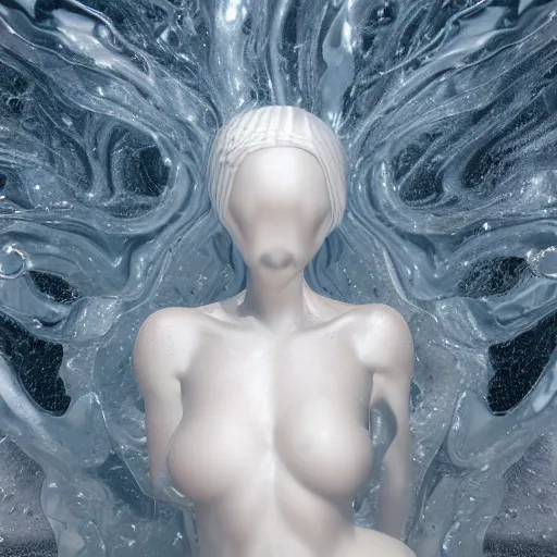 Prompt: 3 d fluid simulation render, octane render, xparticles, white colors, female bodies, female body covered in white blanket, white carved abstract sculpture, amethyst mineral quartz, swirly curls, abstract white fluid, golden edges and fractals, cold colors, artstation,