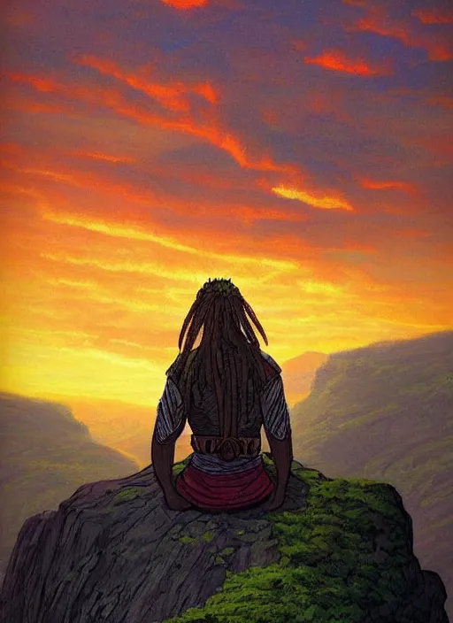 Prompt: an shaman sitting at the top of a cliff, looking down at the valley, doing a vision quest, beautiful sunset, dnd art