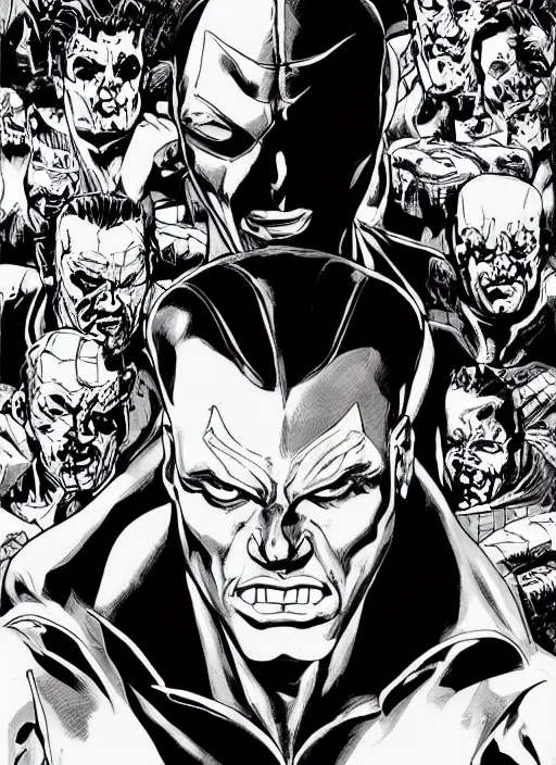 Prompt: portrait, comic villain, black and white comic panel, cover Art, inking, Dynamic lighting, cinematic, establishing shot, extremely high detail, photo realistic, cinematic lighting, pen and ink, intricate line drawings, post processed, concept art, artstation, matte painting, midjourney, style by alex ross, neal adam