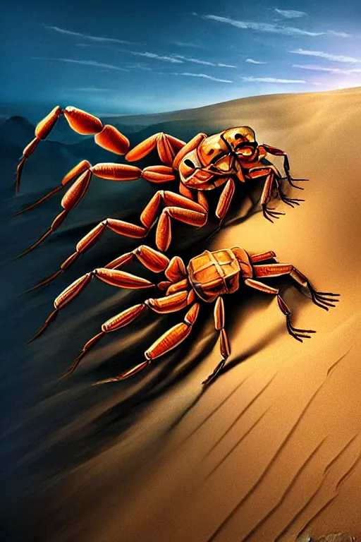 Image similar to hyperrealistic close - up scorpion monster! in dunes highly detailed concept art eric zener elson peter cinematic hard yellow lighting high angle hd 8 k sharp shallow depth of field, inspired by david paul cronenberg and zdzisław beksinski