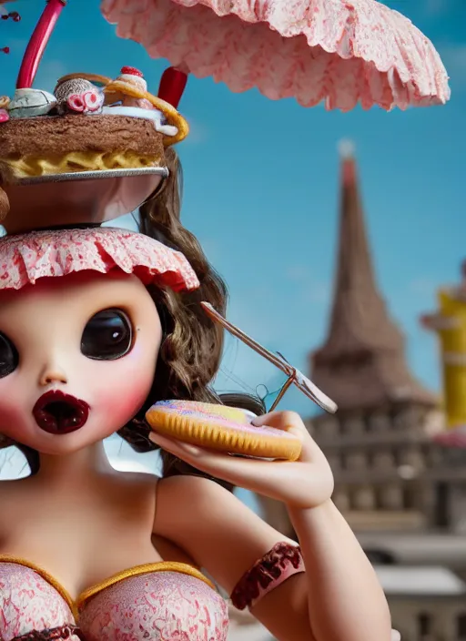 Image similar to closeup of a tin toy bikini girl eating cakes, depth of field, zeiss lens, detailed, symmetrical, centered, fashion photoshoot, by nicoletta ceccoli, mark ryden, lostfish, earl nore, hyung tae, frank frazetta, breathtaking, 8 k resolution, extremely detailed, beautiful, establishing shot, artistic, hyperrealistic, octane render
