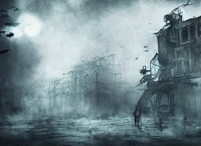 Image similar to silent apocalypse, dystopia, steampunk, digital art, faded