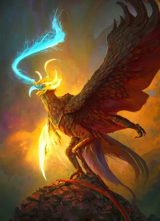Prompt: omnipotent phoenix, dndbeyond, bright, colourful, realistic, dnd character portrait, full body, pathfinder, pinterest, art by ralph horsley, dnd, rpg, lotr game design fanart by concept art, behance hd, artstation, deviantart, global illumination radiating a glowing aura global illumination ray tracing hdr render in unreal engine 5