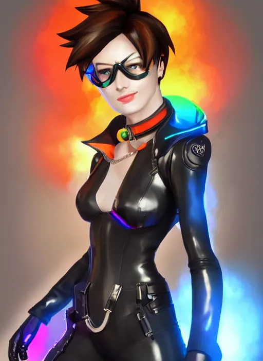 Prompt: portrait bust digital artwork of tracer overwatch, wearing black iridescent rainbow latex, 4 k, expressive happy smug expression, makeup, in style of mark arian, angel wings, wearing detailed black leather collar, chains, black leather harness, detailed face and eyes,