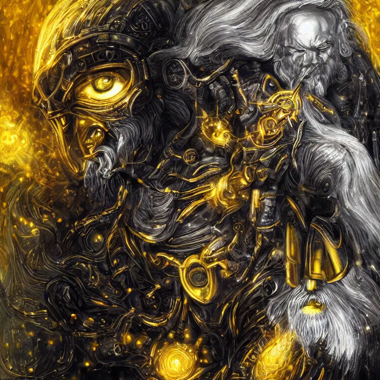 Image similar to mythological Odin all father god of thunder and artificial intelligence creating an artificial neural network with yellow synapses on an anvil in the ethereal city of valhalla, high resolution, award winning art, trending on art station, sharp image, incredibly detailed, odin all father detailed character realistic painting