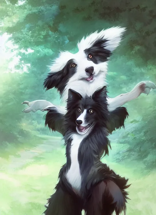 Prompt: wide angle beautiful full body portrait of a cute male anthropomorphic anthro border collie fursona in a park, character design by charlie bowater, henry asencio, and ross tran, disney, anime, scenic background, detailed, glamor pose, aesthetic, trending on artstation, furaffinity, deviantart
