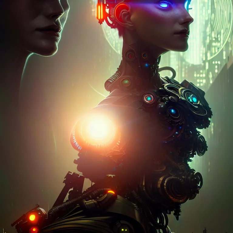 Image similar to ultra realistic beautiful cyborg deity eyes closed, scifi, cyberpunk, fantasy, intricate details, movie still, highly detailed, photorealistic, octane render, eerie, 8k, art by artgerm and alphonse mucha and greg rutkowski