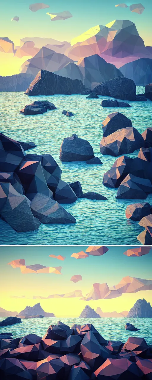 Image similar to super detailed color lowpoly art, northern sunset with rocks on front, monochrome photorealistic bay in the middle of perspective and mountains at background, big graphic ship in random point of bay, unreal engine, high contrast color palette, 3 d render, lowpoly, colorful, digital art, perspective