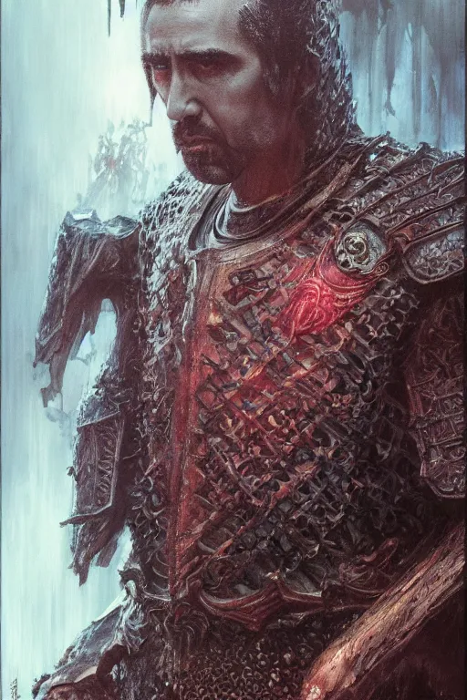 Prompt: Nicolas Cage as knight, dark fantasy, intricate, highly detailed, smooth, artstation, painted by Wayne Barlowe, Greg Rutkowski, zdislav beksinski, Francis Bacon