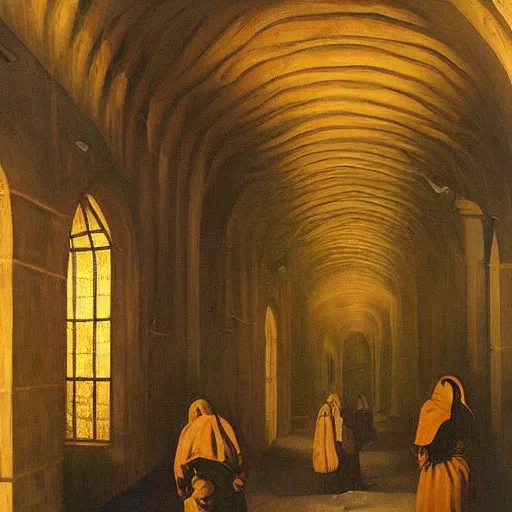 Prompt: underground tunnels inhabited by hooded monks, mechanical computers, lights and switches, portal to the dreamworld, baroque oil painting