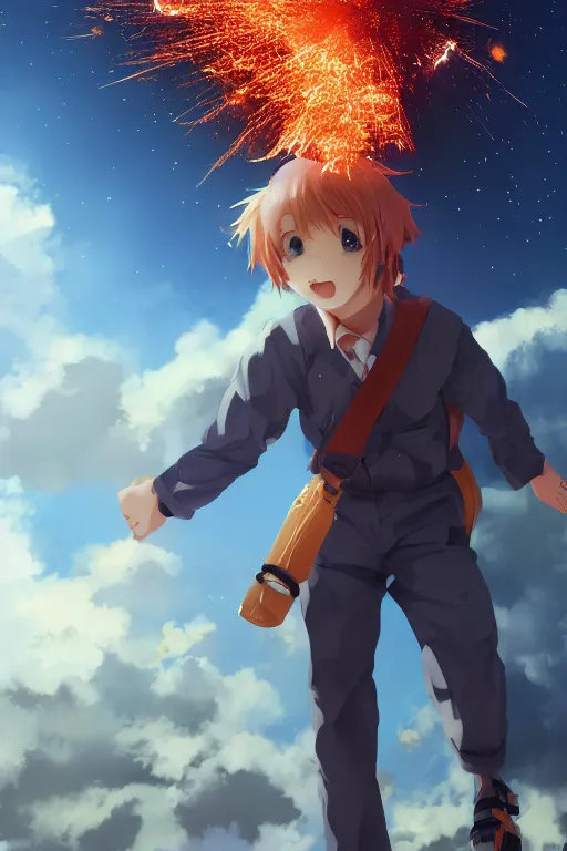 Young male anime character in sky blue background