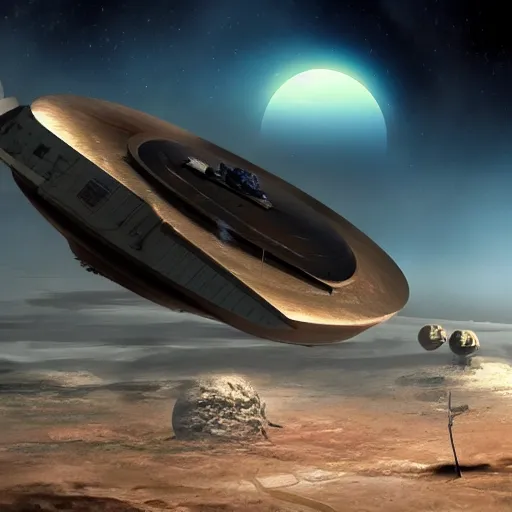 Image similar to The spaceship of refugees approaches a distant planet Terminus, detailed, sci-fi, realistic