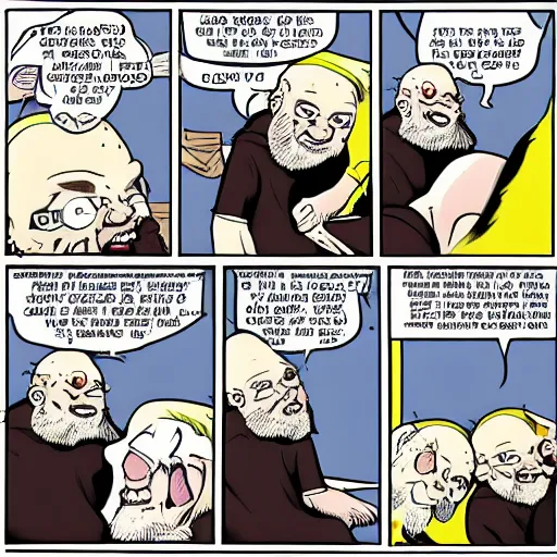 Image similar to george rr martin in a cartoon strip talking to a screaming chucky doll