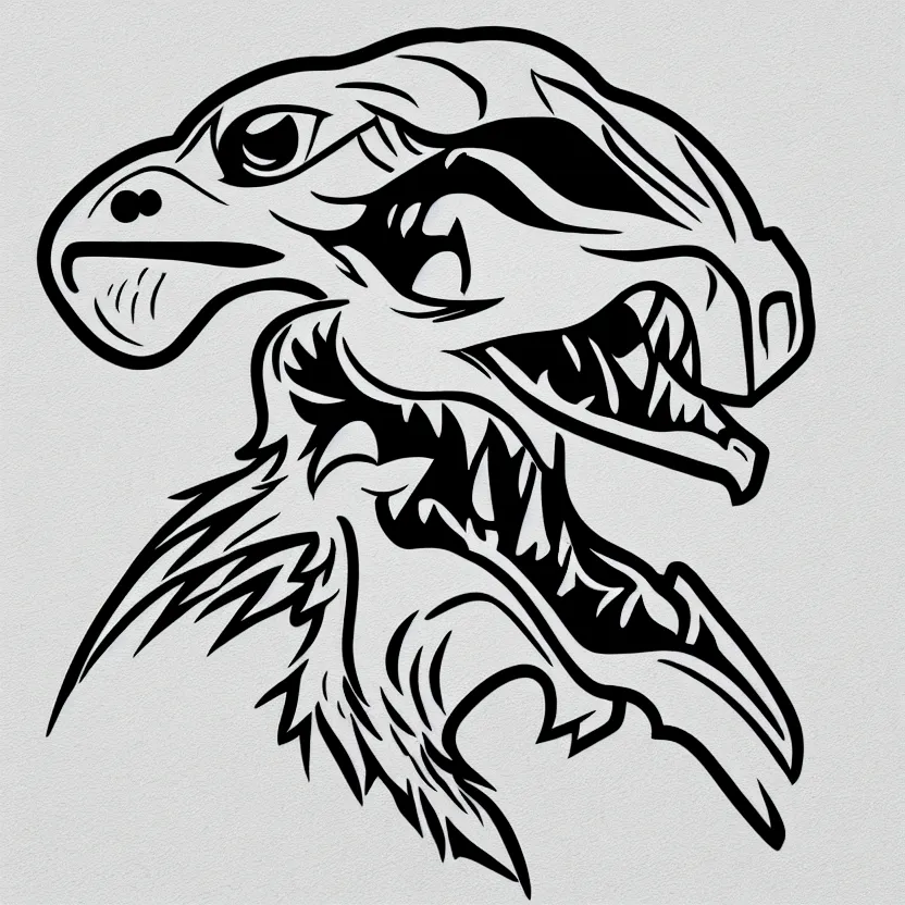 Prompt: Sketch of a velociraptor playing hockey, sports logo, black and white