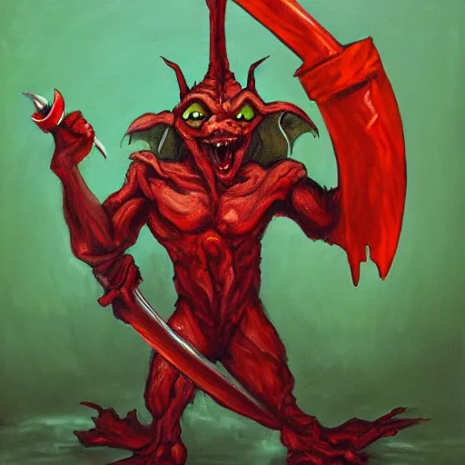 Prompt: painting of goblin with red eyes raging holding rusty sword