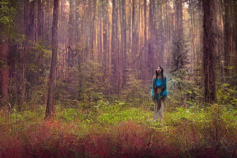 Prompt: hyper realistic photograph elegant native american thinking, full body, forest, vibrant, detailed, ethereal, glows,