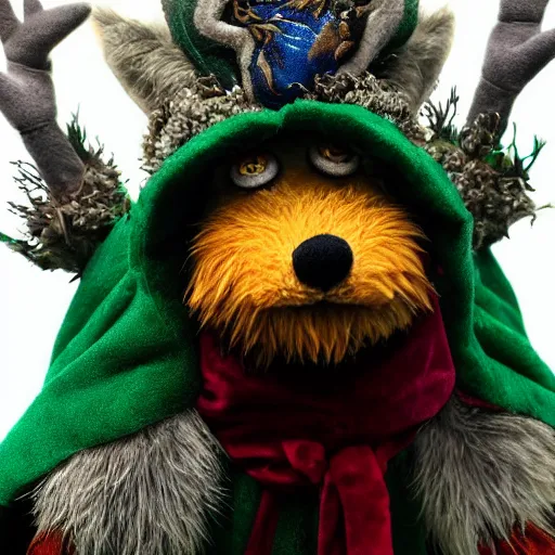 Image similar to photorealistic real life foxfolk wizard druid as a very fancy and also the most adorable thing to ever exist as a lovable furry muppet plush wearing a very fancy ornate elven cloak hand sewn by a professional elven seamstress and also a smoky cape, photography, national geographic, sesame street