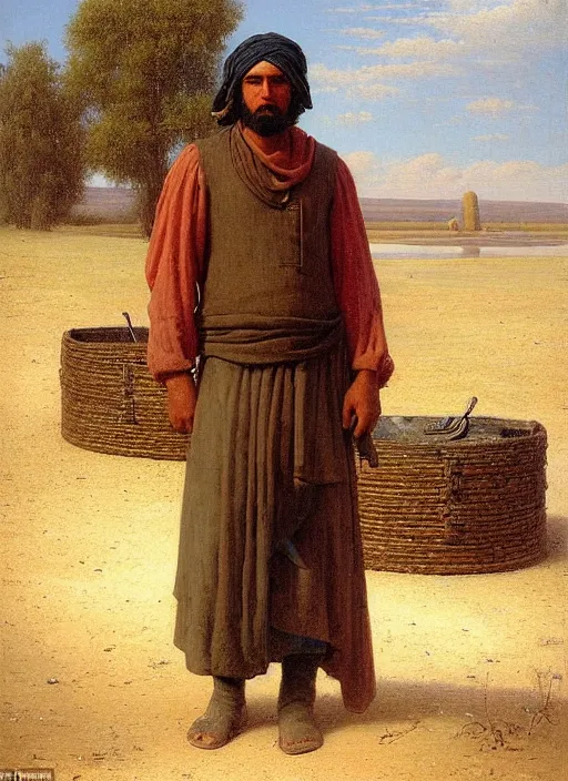 Prompt: beautiful ominous portrait of a male blacksmith in desert next to lake by Edmund Blair Leighton,